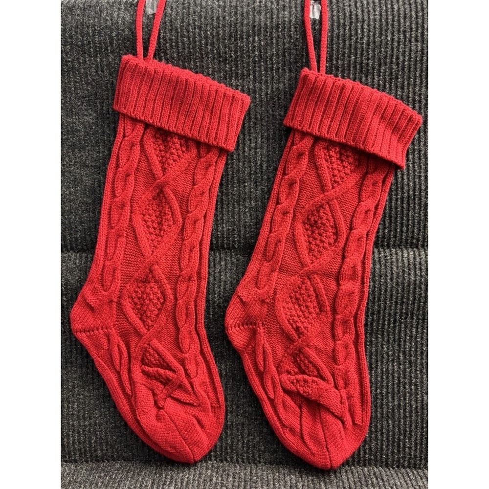 Red Cable Knit Christmas Stockings Set of 2 Chunky Knit Holiday Decor 19 inch